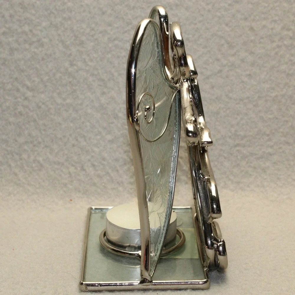 Stained Glass Angel Candle Holder Blue Green Harp Tea Light Religious Decor Vtg